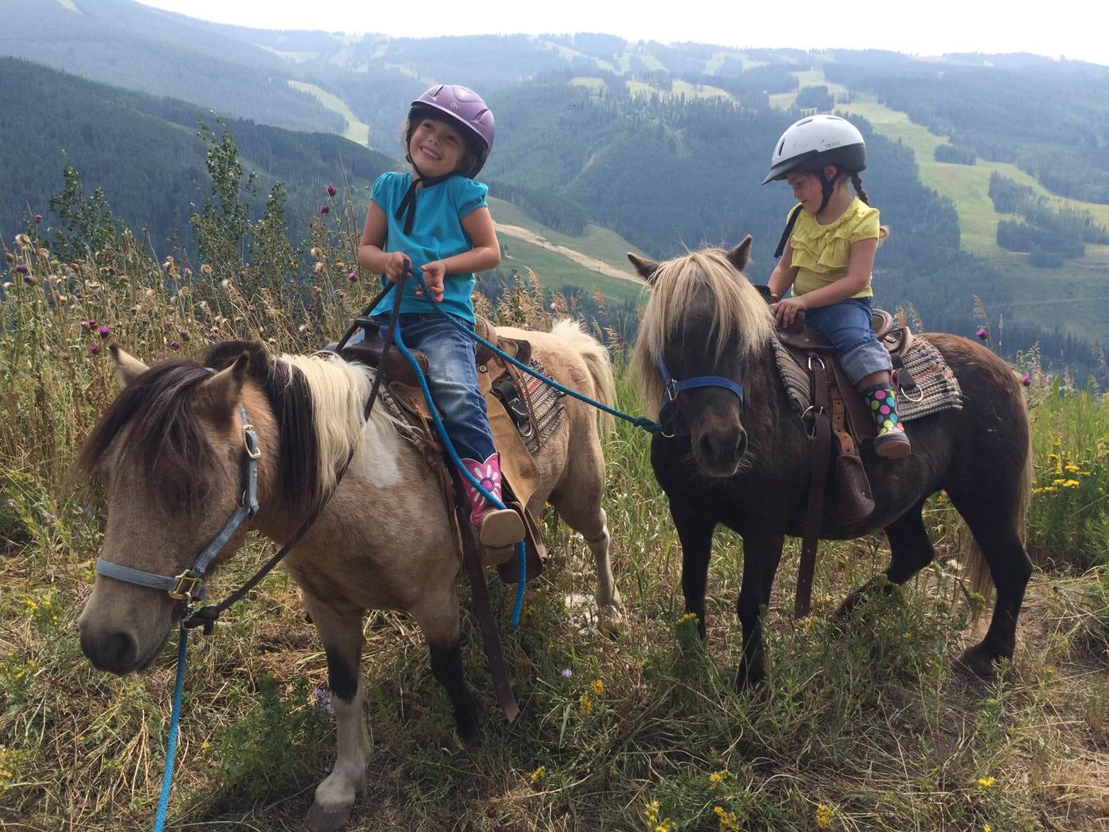 Two kids sitting atop their ponies